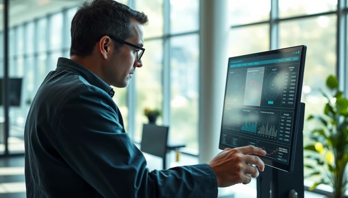 Evodrop Beobachter analysiert Daten auf einem hochmodernen Dashboard im Büro.