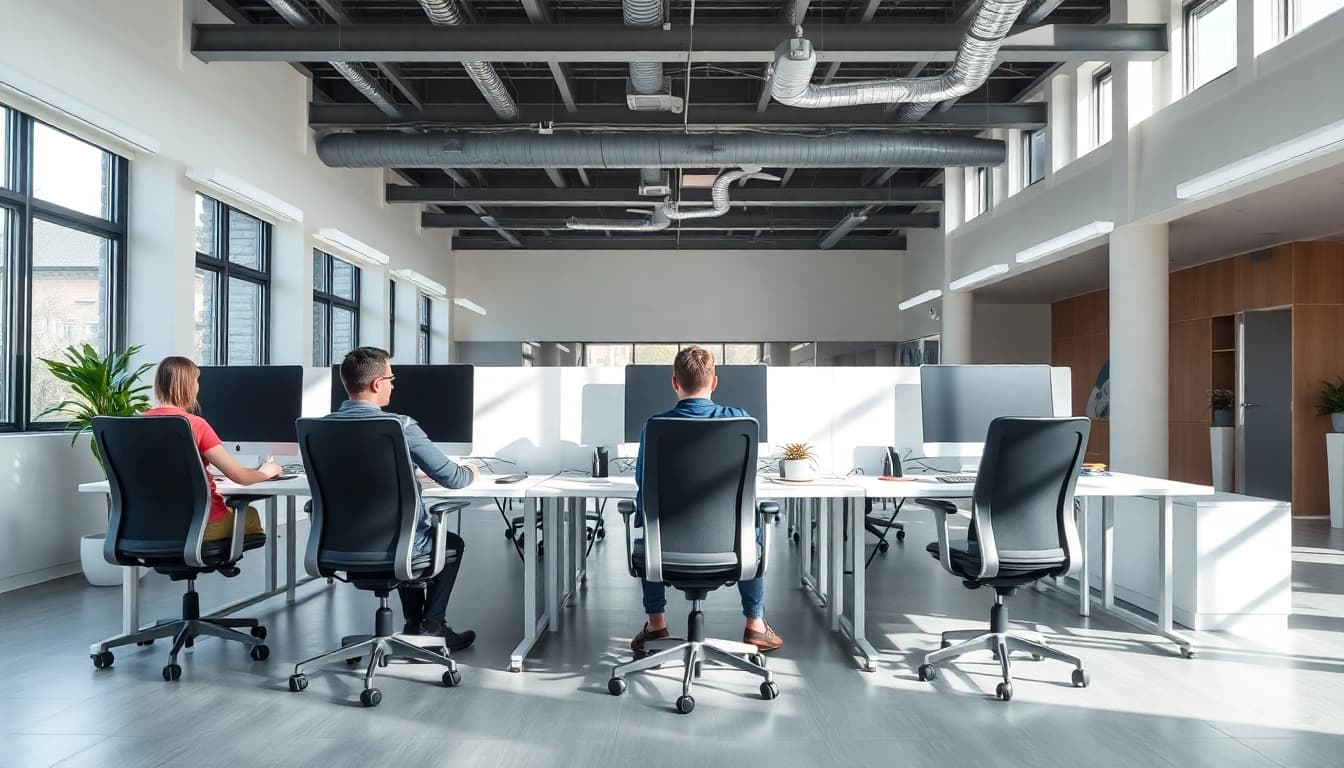 Stellenangebote: Mitarbeiter im modernen Büro bei der Arbeit, kreative und ergonomische Gestaltung.