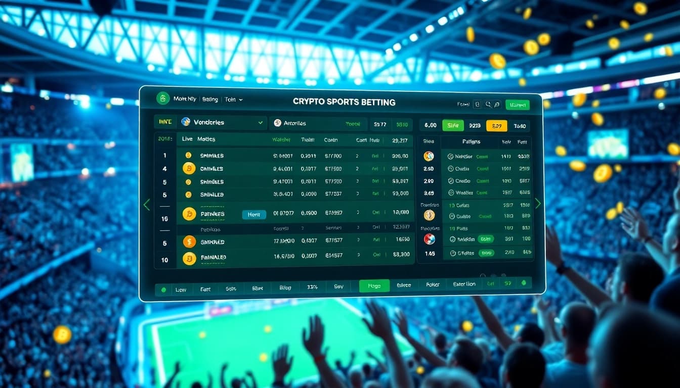 Experience crypto sports betting excitement through a futuristic sports book interface with vibrant colors and live match displays.