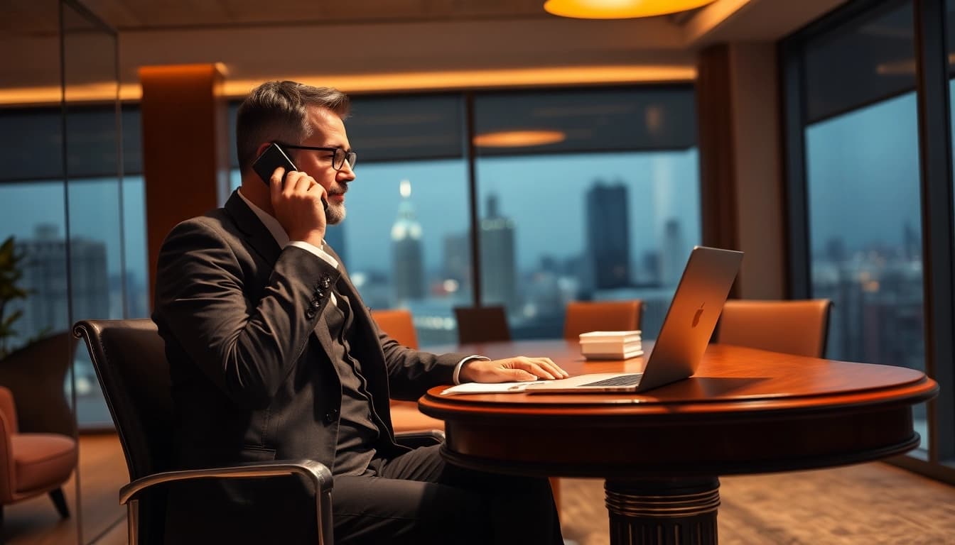 Headhunter Vertrieb in einem modernen Büro, der mit einem Klienten kommuniziert.