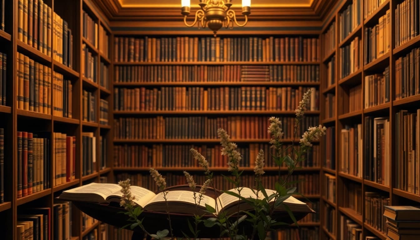 Erkunde berühmte gedichte in einer romantisch beleuchteten Bibliothek mit alten Büchern.