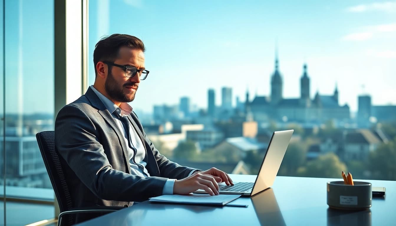 Headhunter Wolfsburg beim Arbeiten im modernen Büro mit Wolfsburg-Silhouette.