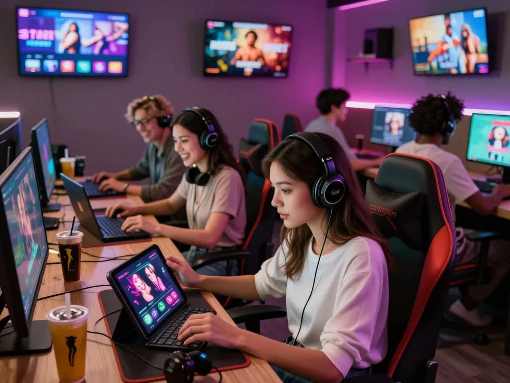 Group of gamers enjoying a sex game online in a vibrant gaming lounge.