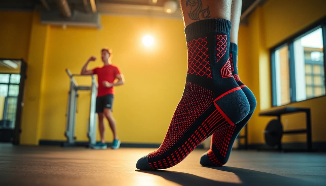 Aktive Person trägt neuro socks im Fitnessstudio, die moderne Technologie und Funktionalität zeigen.