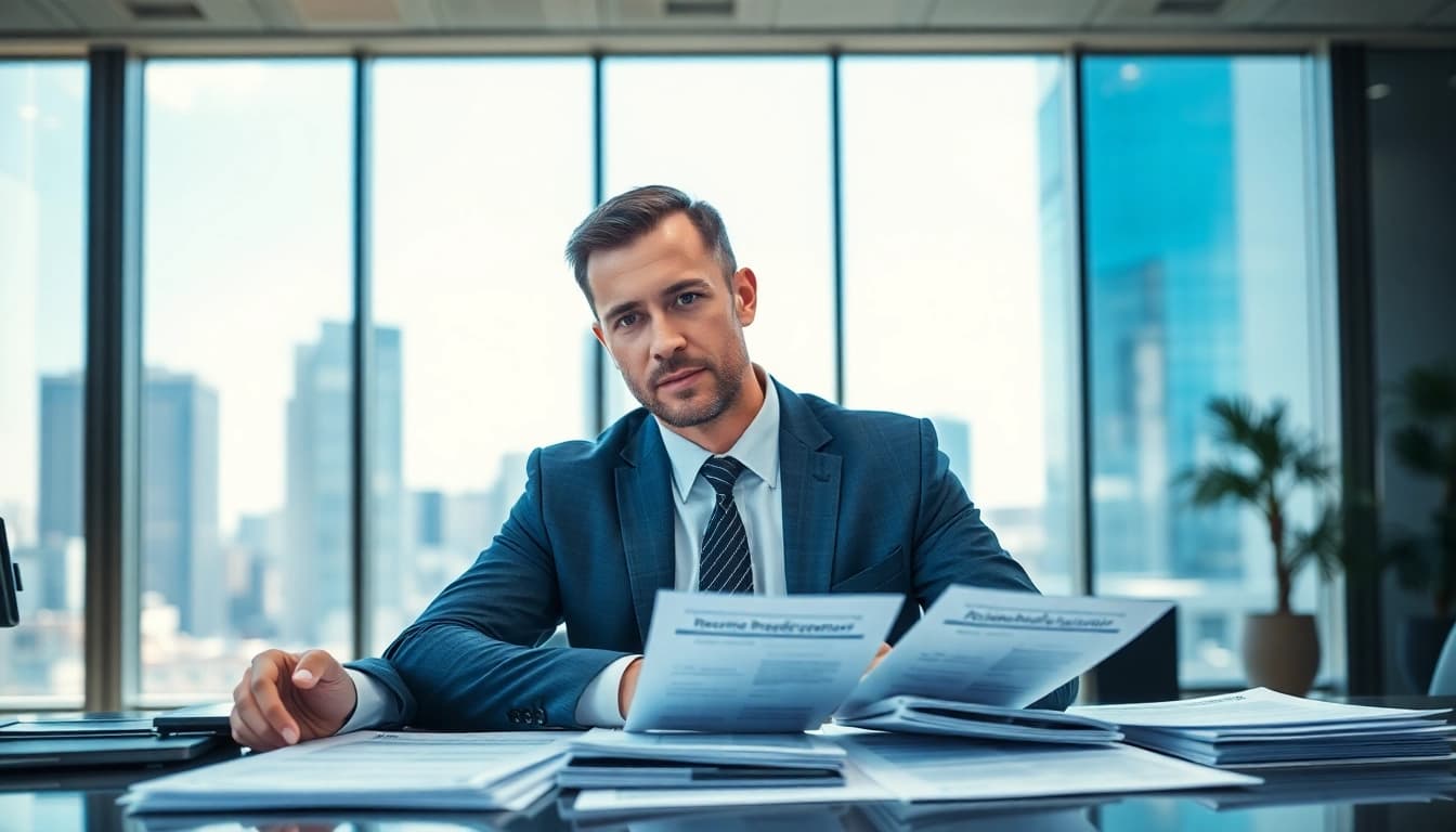 Headhunter Schweiz arbeitet intensiv im Büro mit Lebensläufen auf dem Tisch.
