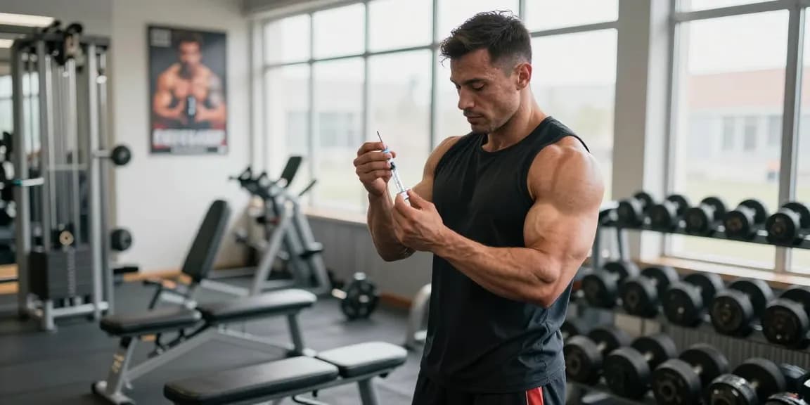 Anabolika Shop: Bodybuilder demonstriert die richtige Injektionstechnik für Steroide im Fitnessstudio.