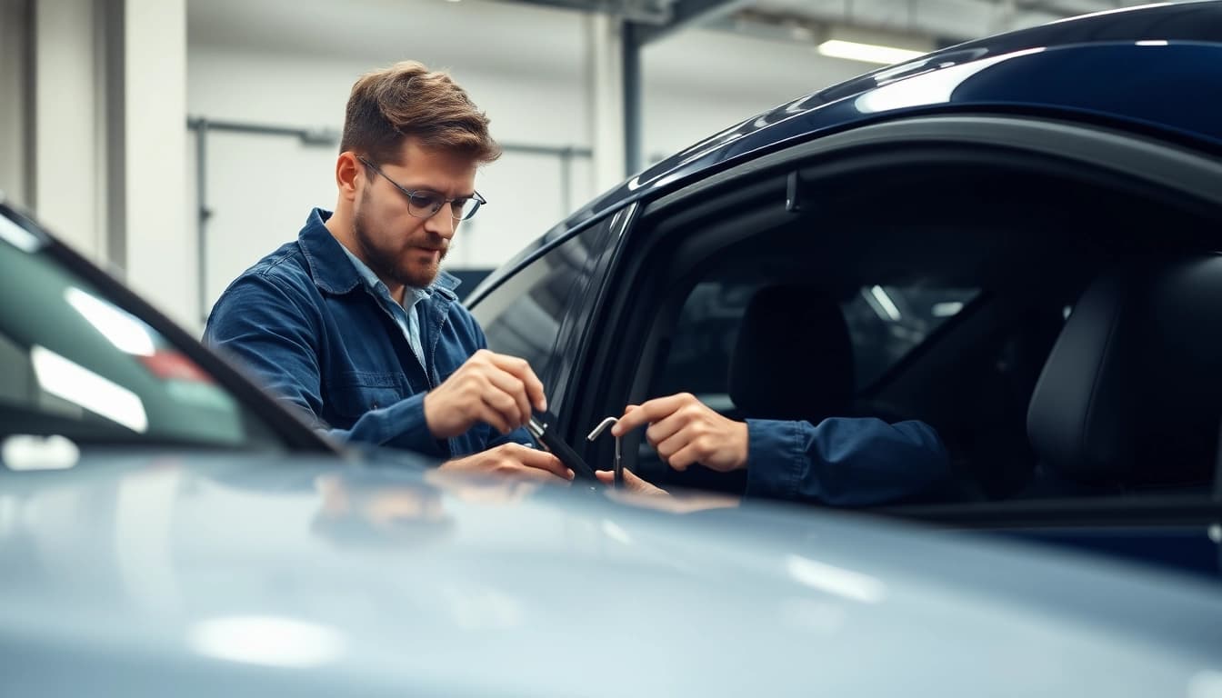 Smart Repair München Preis – Ausgebildeter Techniker repariert Dellen in einem modernen Auto in einer gut beleuchteten Werkstatt.