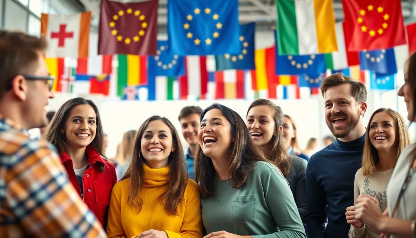 Begeisterte Teilnehmer beim Europa Quiz in einem bunten Raum, der europäische Flaggen präsentiert.