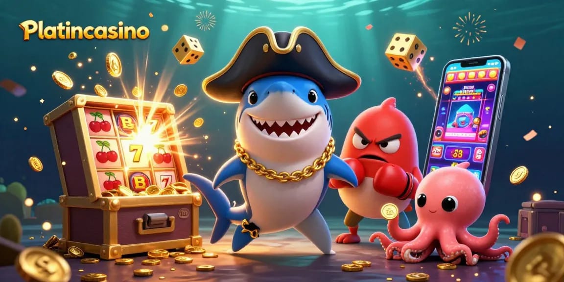 Spin the reels with excitement at Platincasino featuring festive characters and vibrant casino elements.
