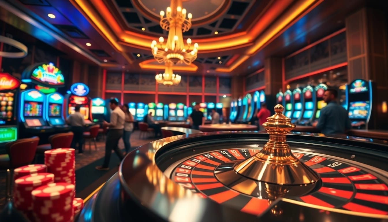 Experience thrilling casino excitement with 789f's vibrant gaming atmosphere and lavish roulette table.