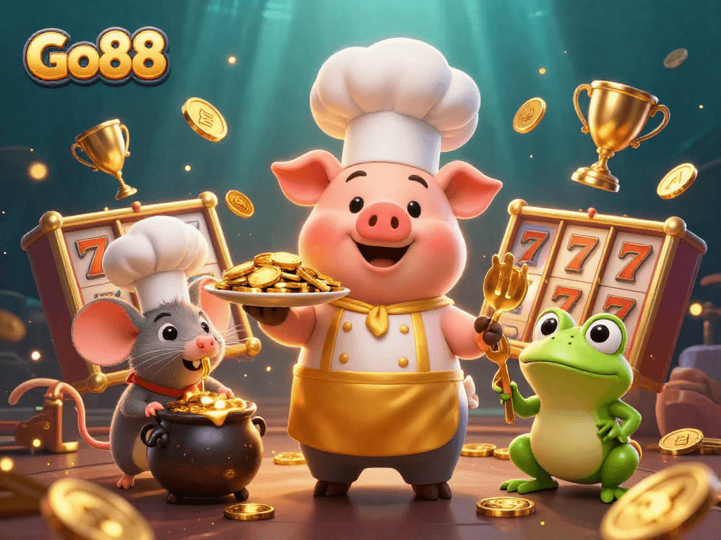 Experience thrilling slot victories at Go88 with a fun pig chef, gold coins, and lively casino elements.