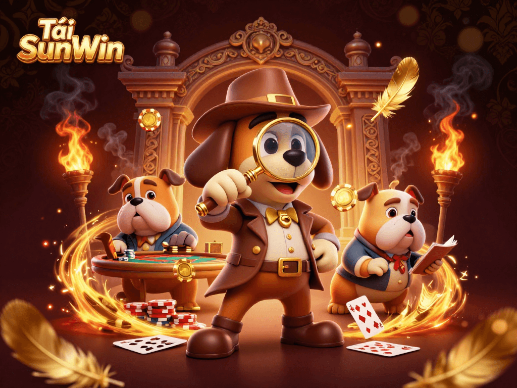 Tải SunWin showcases a cartoon detective and bulldog investigate poker clues amidst vibrant casino elements.