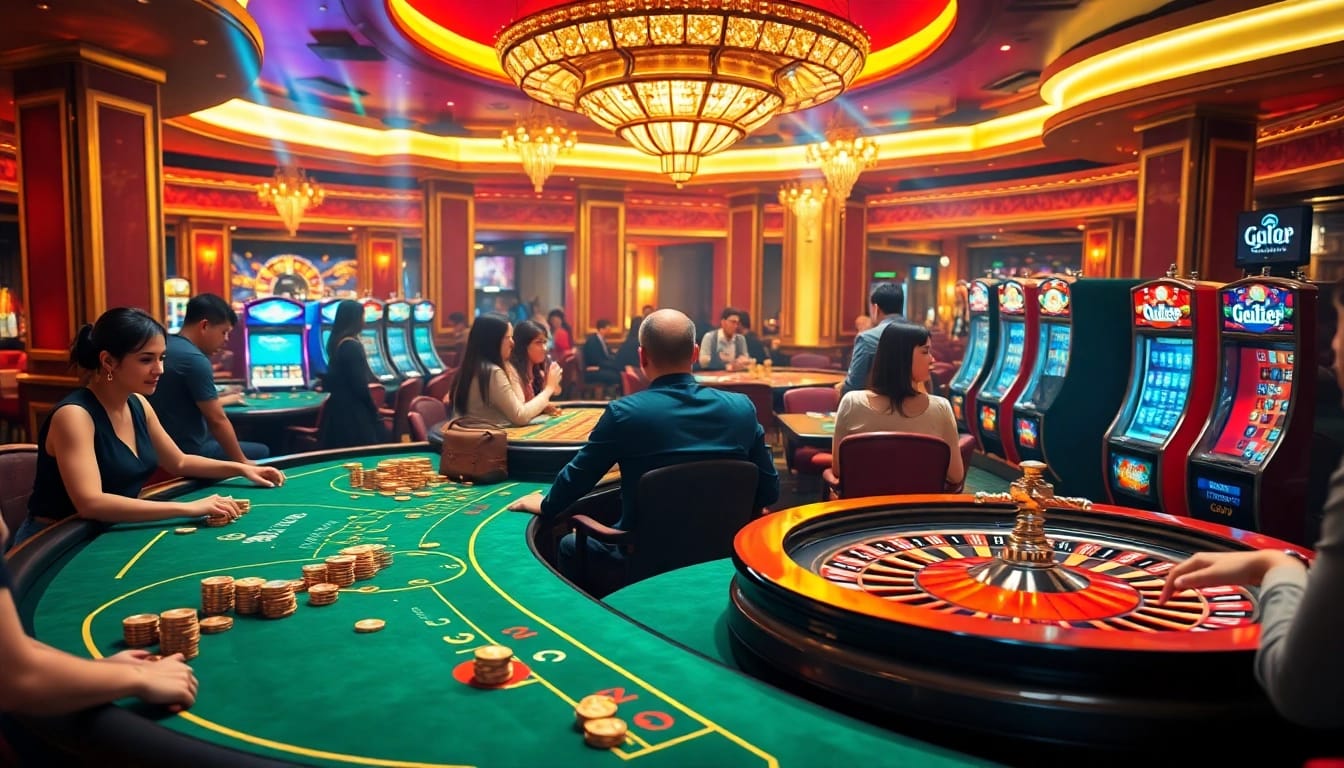 Experience thrilling gameplay at go8, showcasing vibrant casino tables, roulette wheels, and engaged players.