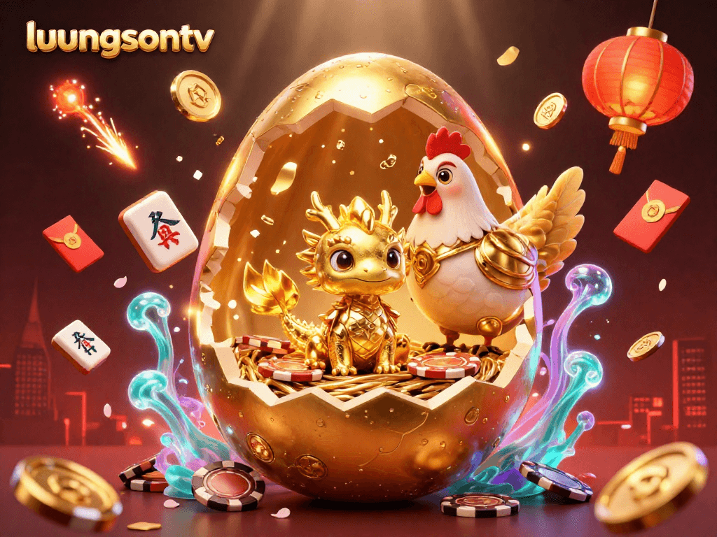Experience thrilling moments with luongsontv's vibrant 3D casino illustration featuring a golden dragon, poker chips, and celebratory elements.
