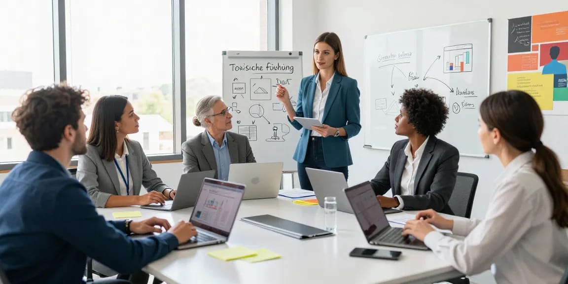 Besprechung im modernen Büro über toxische Führung und Feedback-Kultur.