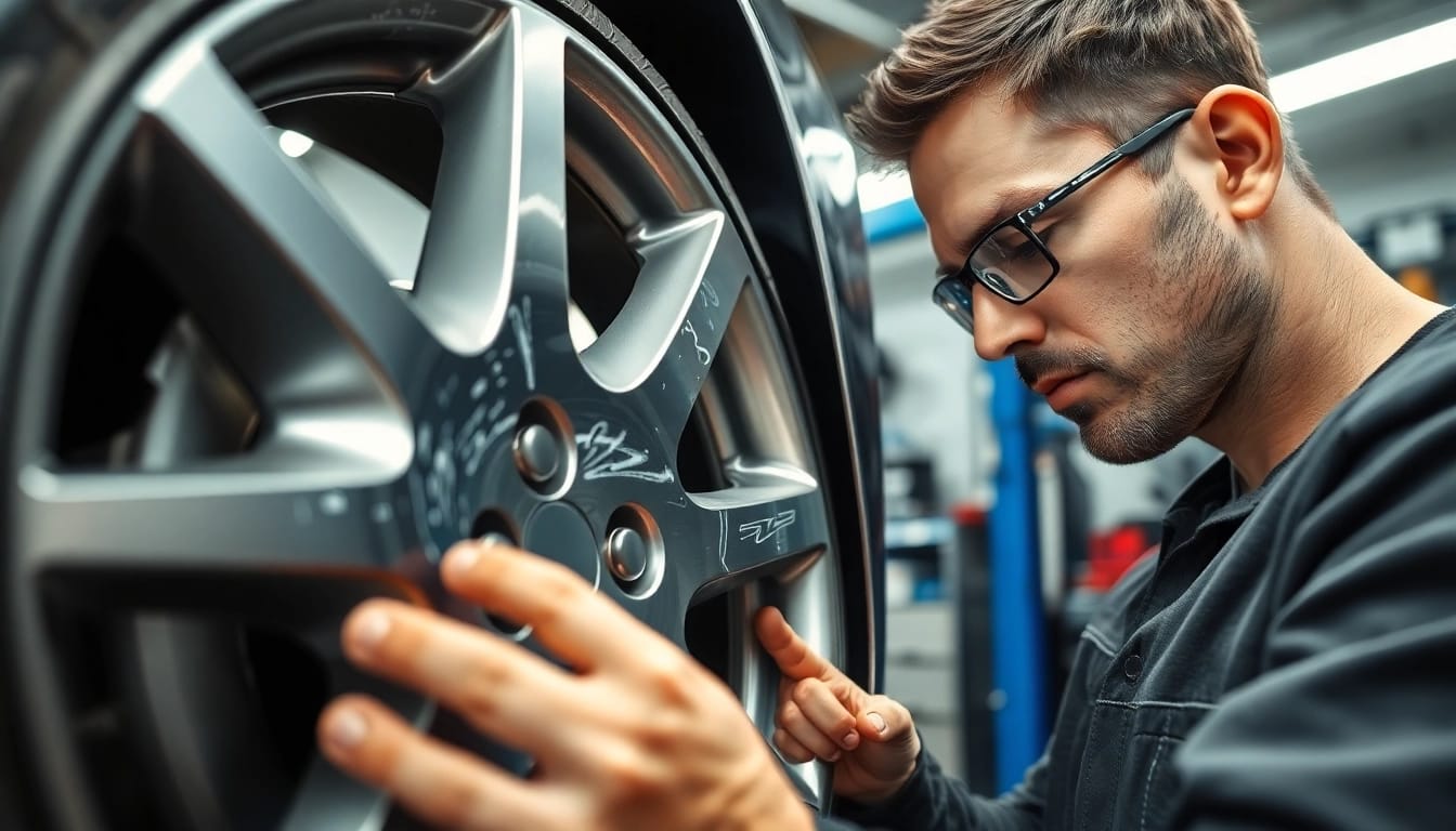 Alufelge Kratzer Reparatur München durch Fachmänner im professionellen Werkstatt-Setting.
