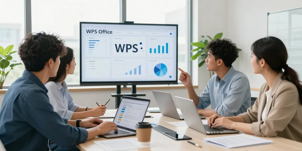 团队在会议室讨论WPS功能，展示协作与高效办公环境
