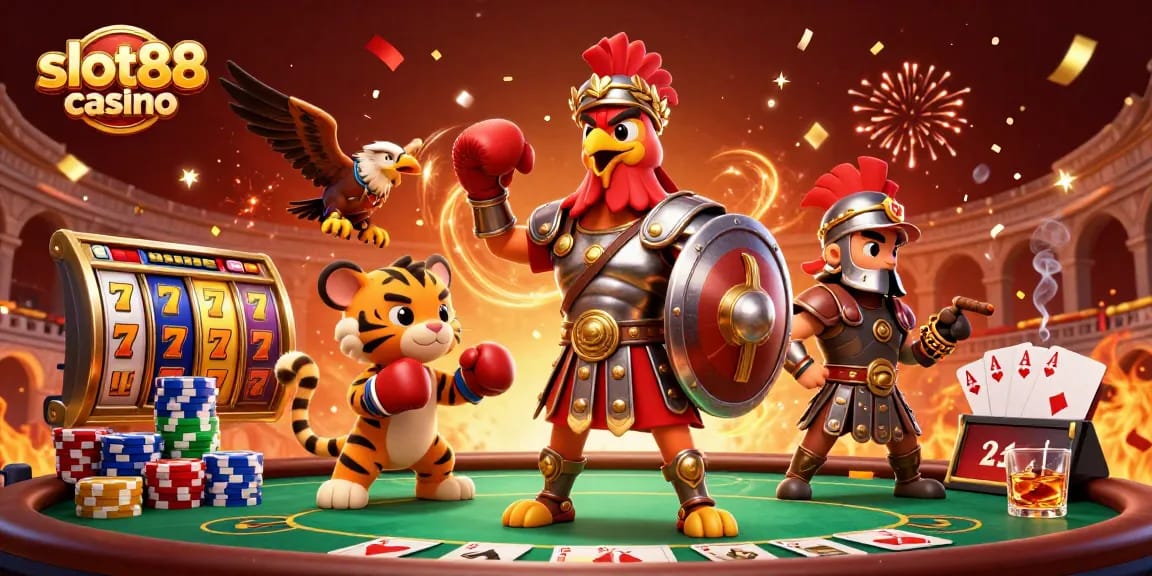 Experience the thrill of slot88 casino with vibrant slot reels, lucky 7s, and dynamic poker elements in a rich illustration.