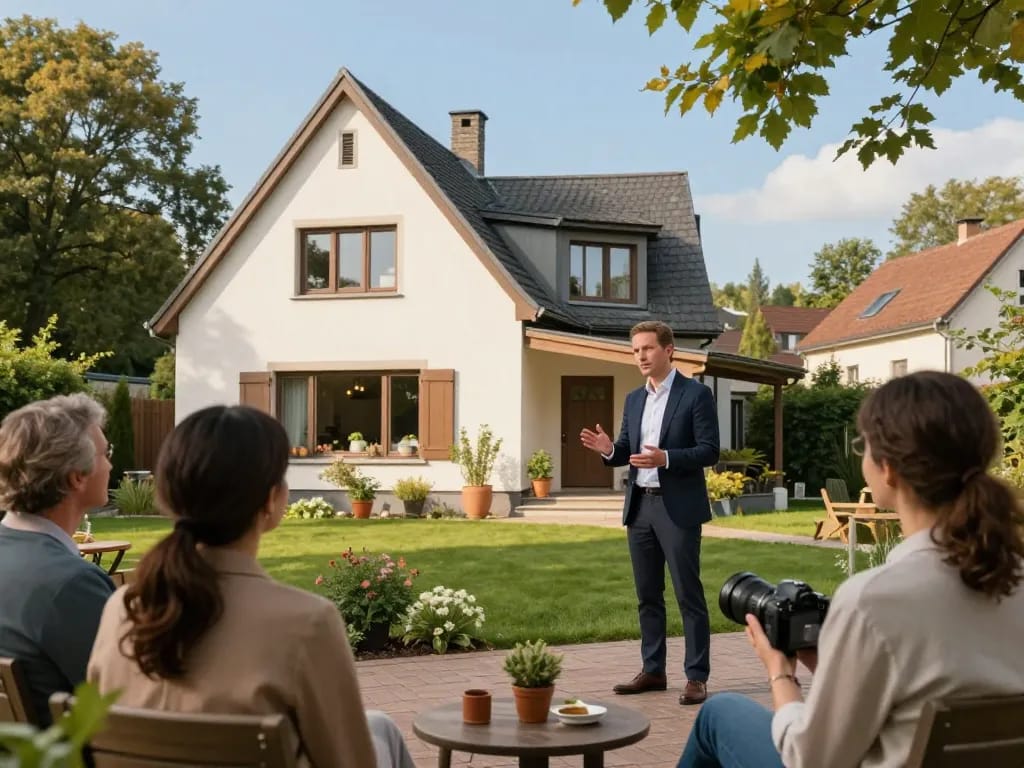 Immobilienmakler Frankfurt Ginnheim präsentiert ein schönes Familienhaus potenziellen Käufern.