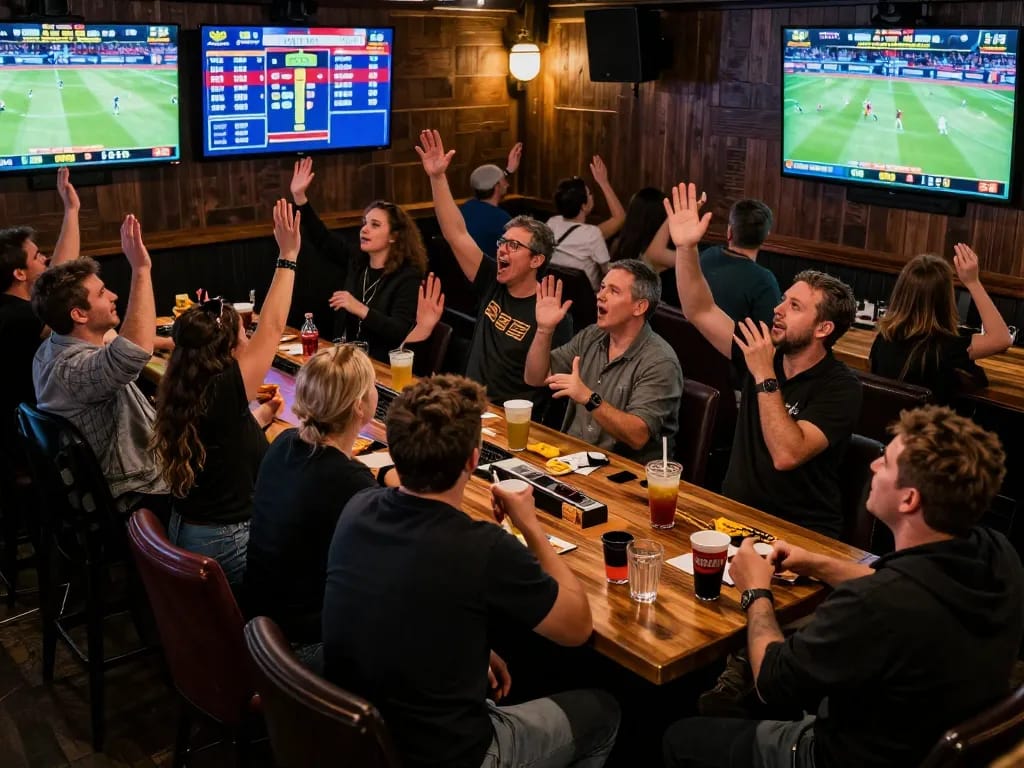 Excited bettors placing wagers on sunny sports at a bar while watching live games with sunwin branding.