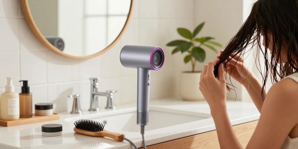Compact hair dryer in a modern bathroom scene while a woman styles her hair, showcasing beauty and convenience.