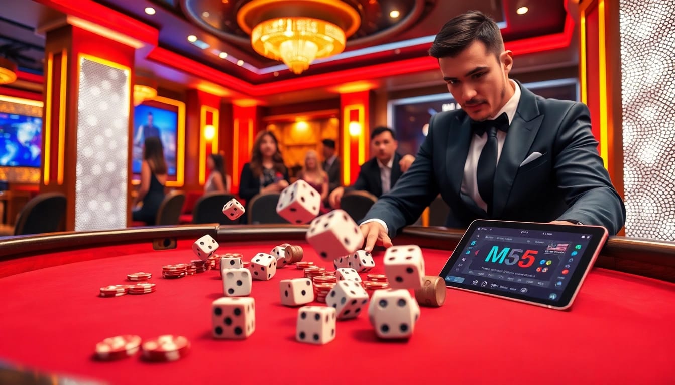 Exciting gameplay of tài xỉu md5 at a luxurious casino table with vibrant colors and digital displays.
