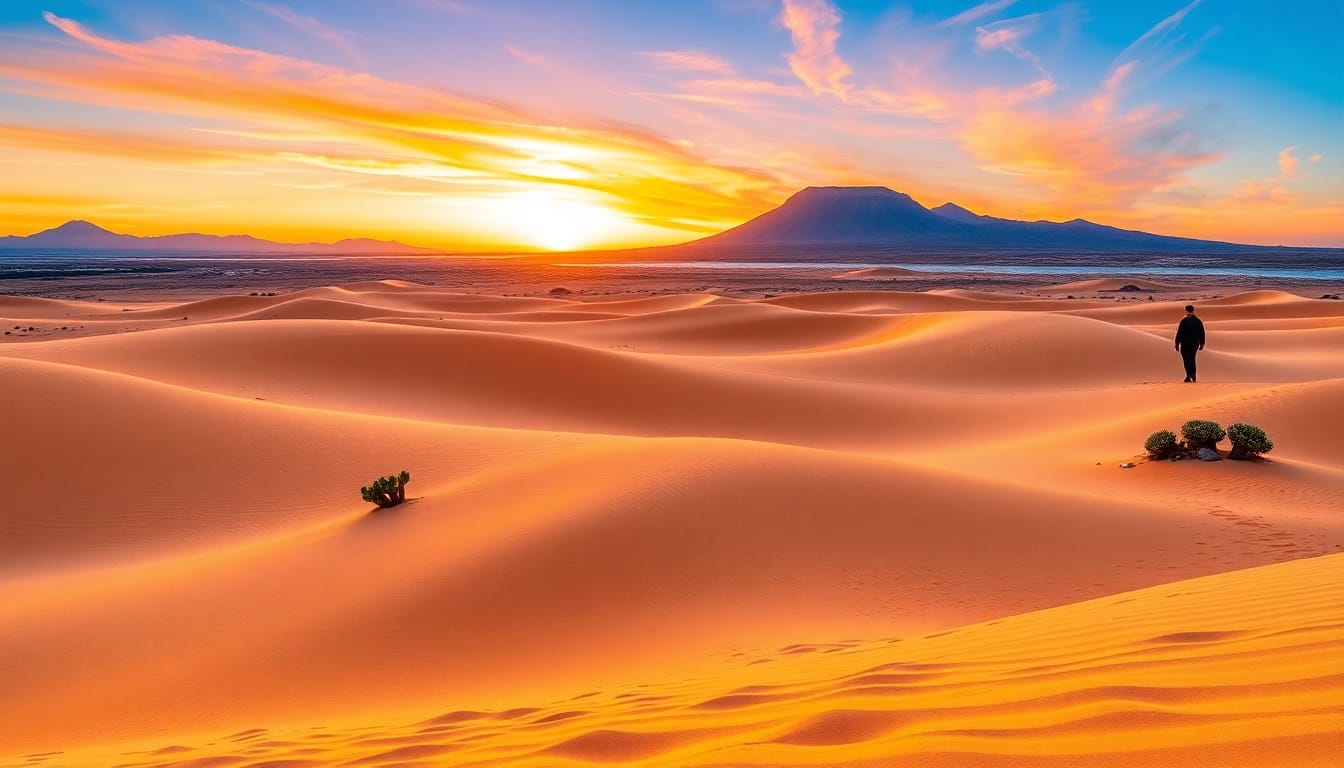 Explore breathtaking fuerteventura sehenswürdigkeiten, featuring stunning landscapes of Corralejo's sand dunes at sunset.