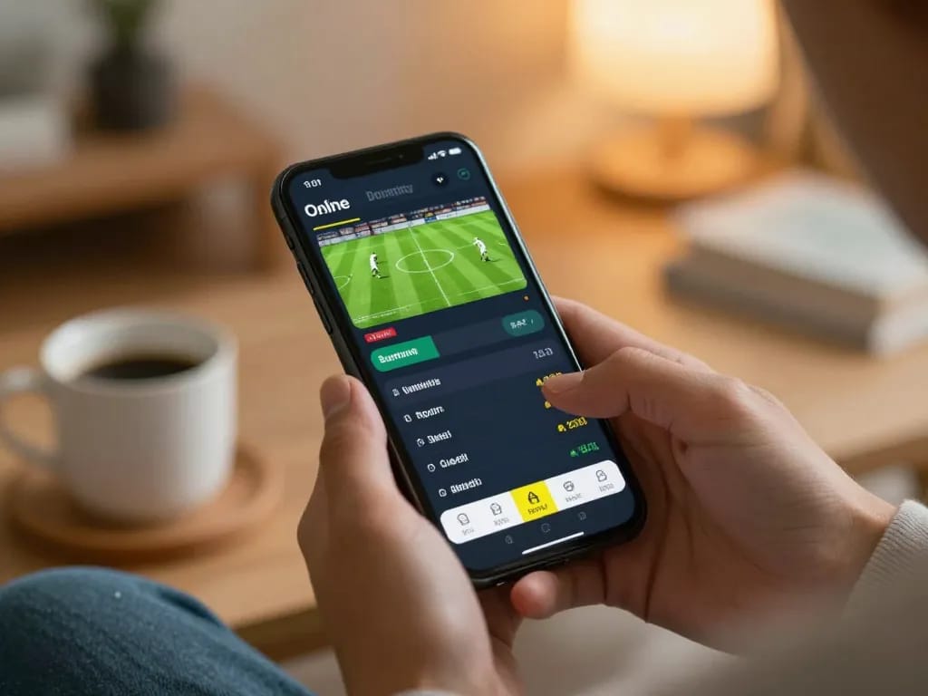 Engaging with keo nha cai on a sports betting app, user intensely focused on live odds