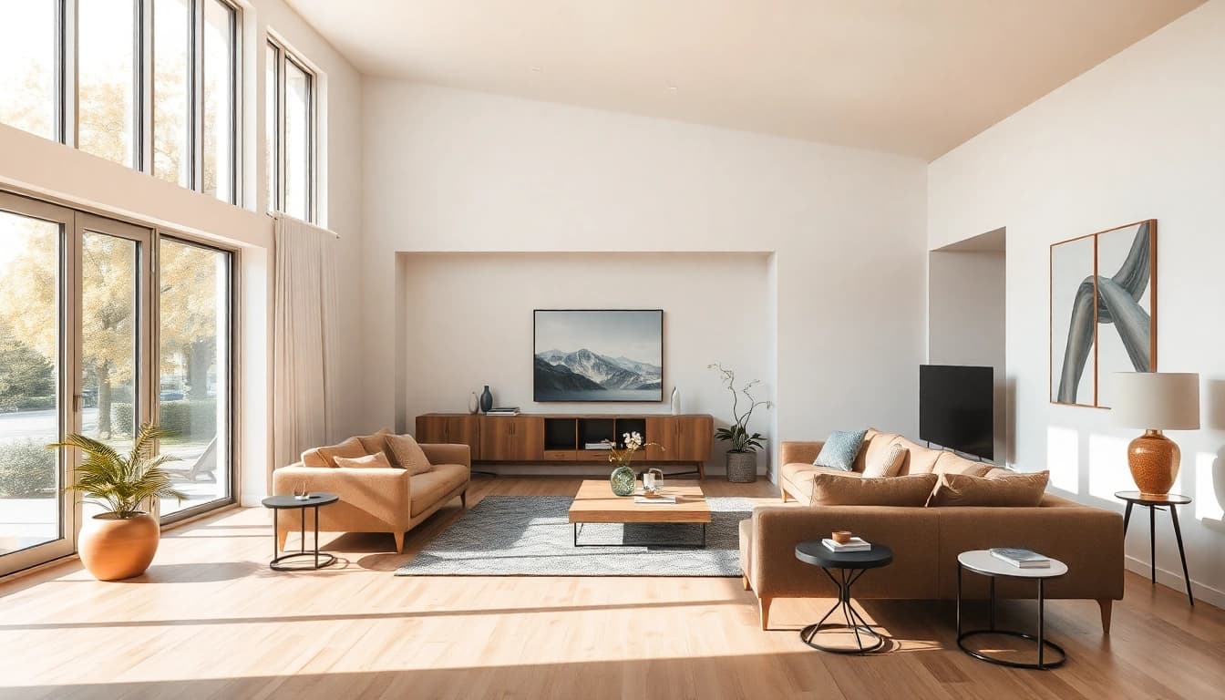 Moderne Raumgestaltung mit sanften Farben und natürlichem Licht.