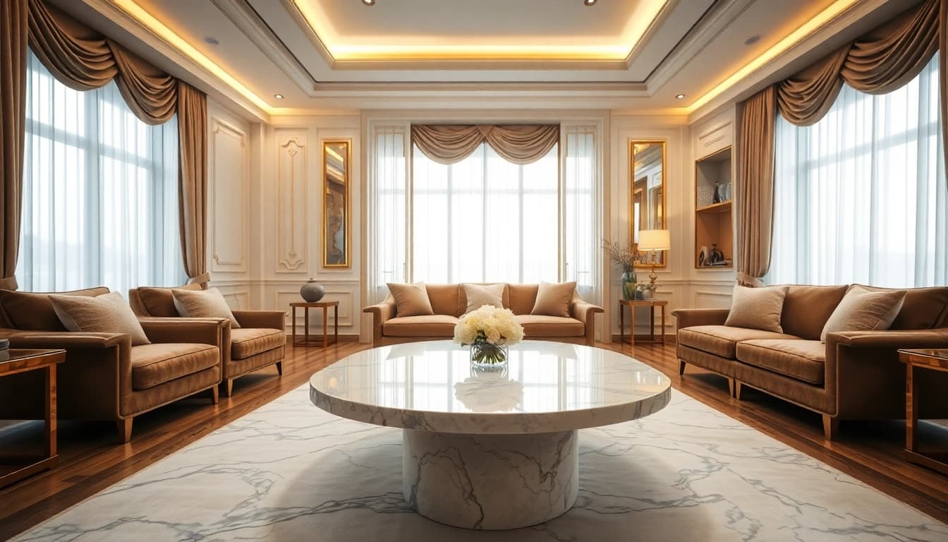 Luxury living room featuring a marble table and ambient lighting, offering an inviting atmosphere.