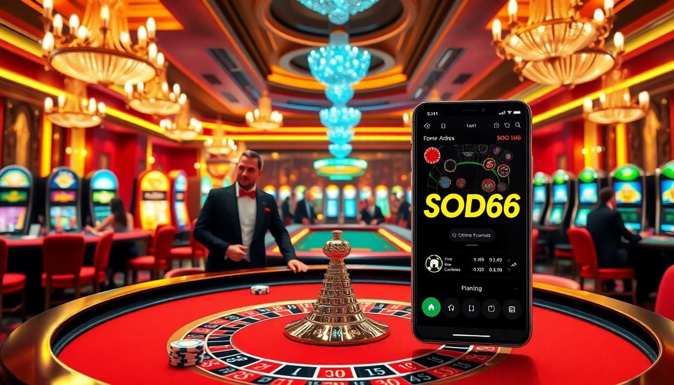 SODO66 high-stakes players at a luxurious roulette table in a vibrant casino atmosphere.