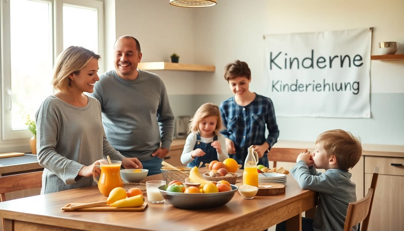 Kindererziehung in einer glücklichen Familie: Eltern und Kinder bereiten gemeinsam das Frühstück zu.