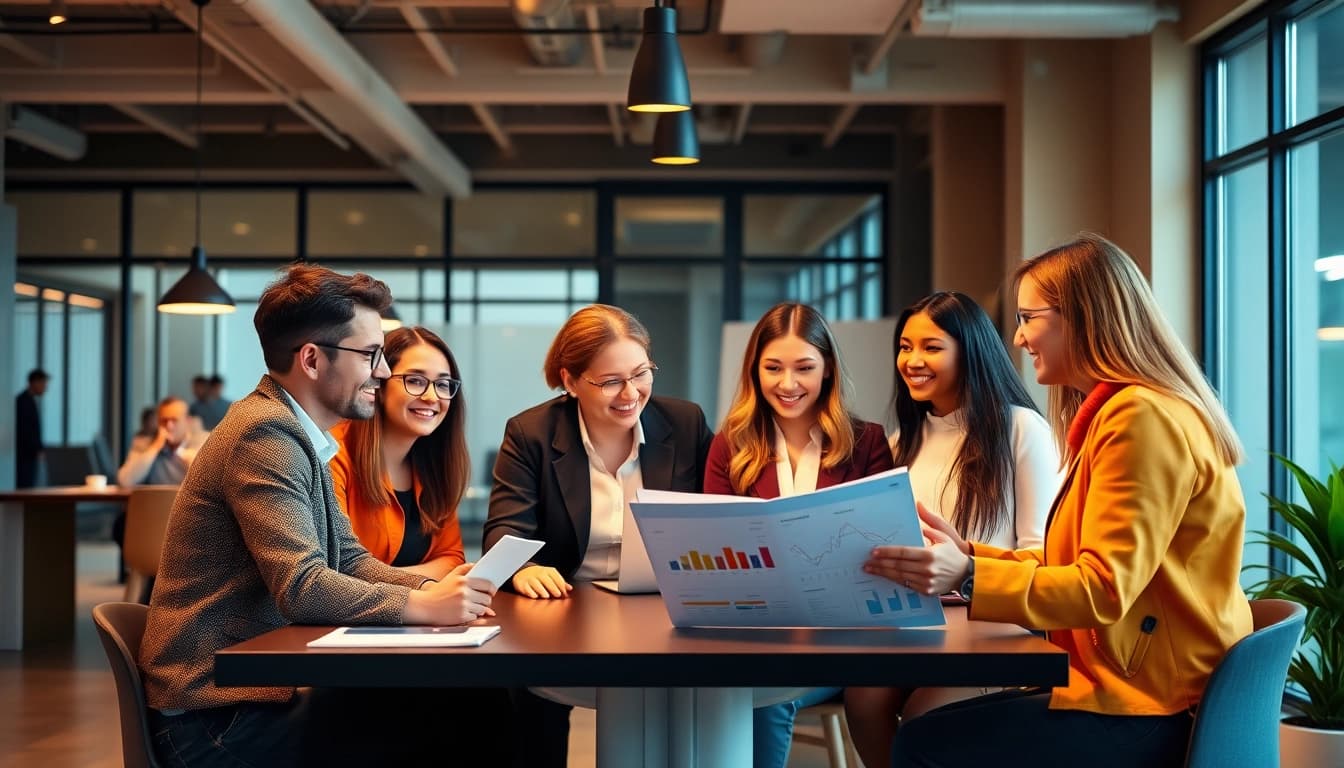 Team of Unternehmensberater brainstorming innovative solutions in a modern office environment.