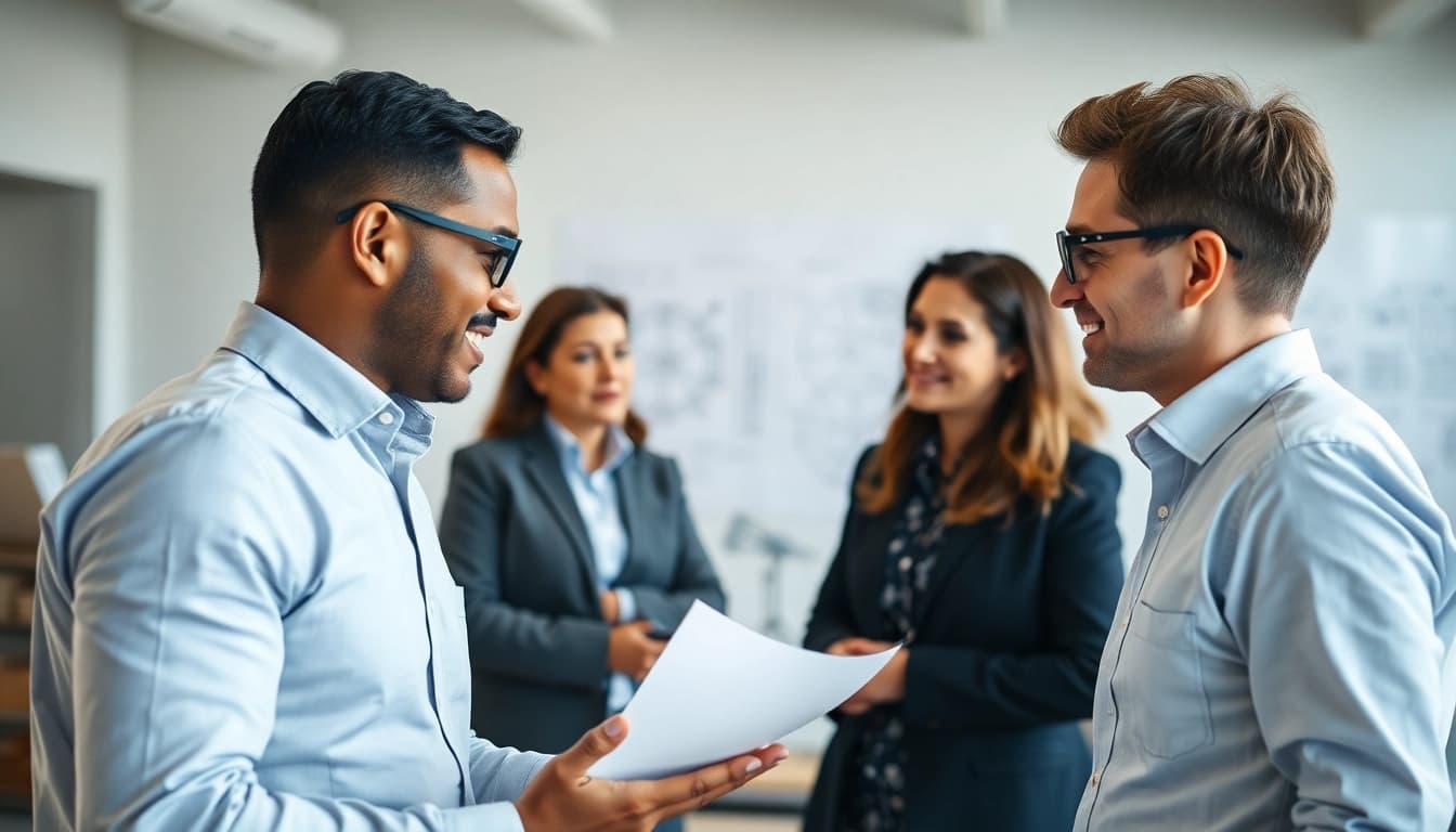 Headhunter Ingenieure in einem modernen Büro im Austausch mit Ingenieuren.