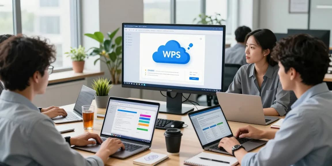 团队在现代办公室中使用WPS协作,展示文档编辑与云同步功能的高效合作场景。