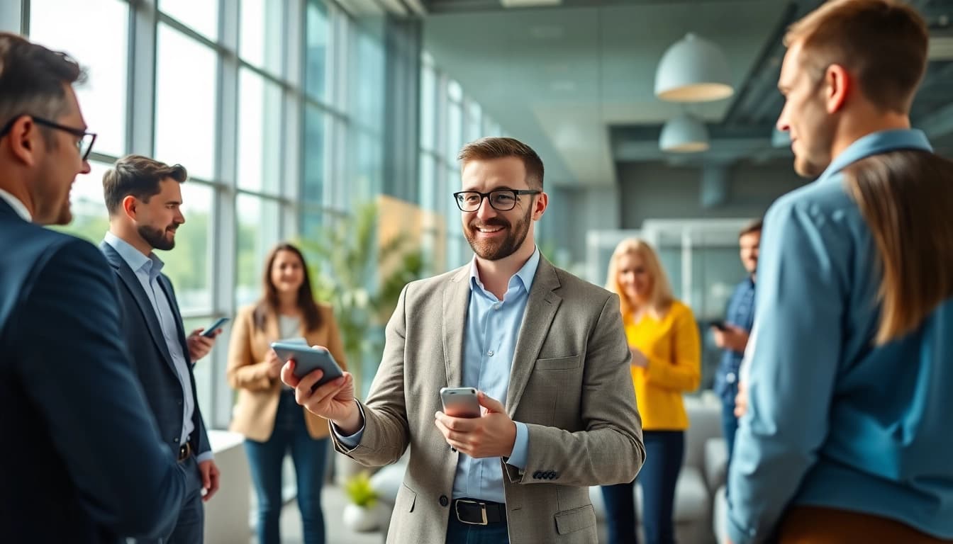 Headhunter IT in a modern office discussing recruitment with IT professionals.