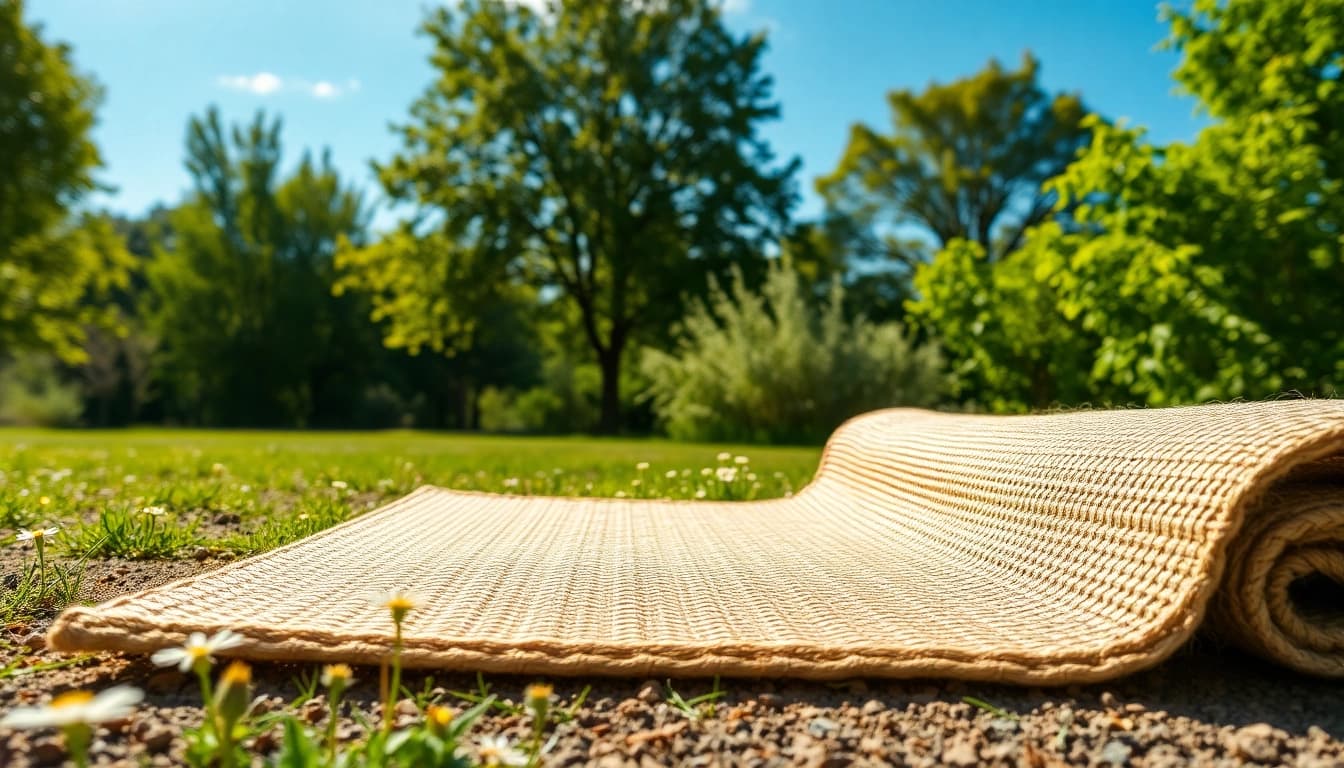 Hanfmatte in einem ruhigen Garten, umgeben von Wildblumen und natürlichem Licht.