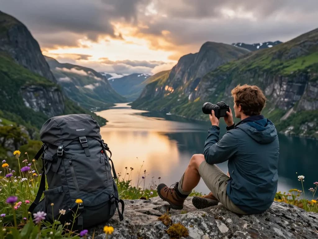 Skandinavien Reisetipps mit Reisenden, die auf eine atemberaubende Fjordlandschaft blicken und die Schönheit der Natur einfangen.