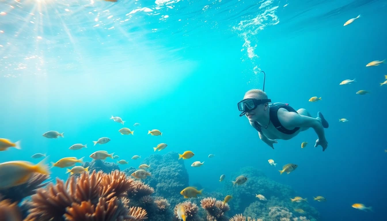 Tauchen lernen Mexiko: Taucher in klarem Wasser umgeben von buntem Unterwasserleben und Korallen.