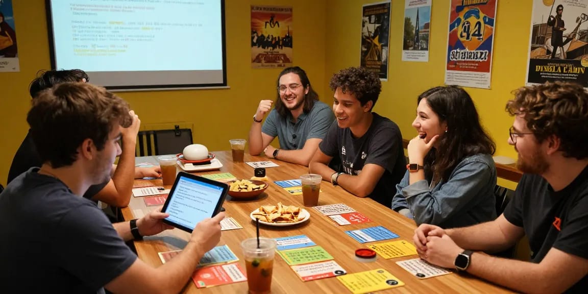 Group enjoying a lively quiz session focused on Quiz Allgemeinwissen, surrounded by trivia cards and a bright atmosphere.
