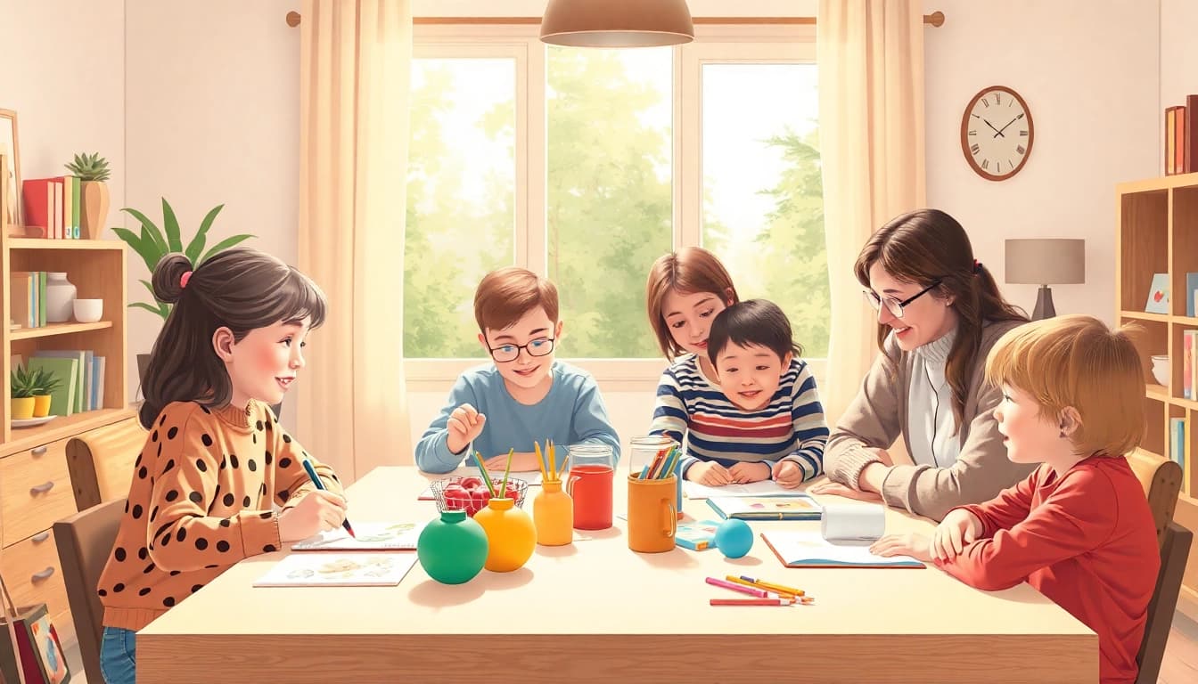 Familie beim Heimunterricht in einer gemütlichen Umgebung, die aktiv lernen und interagieren.