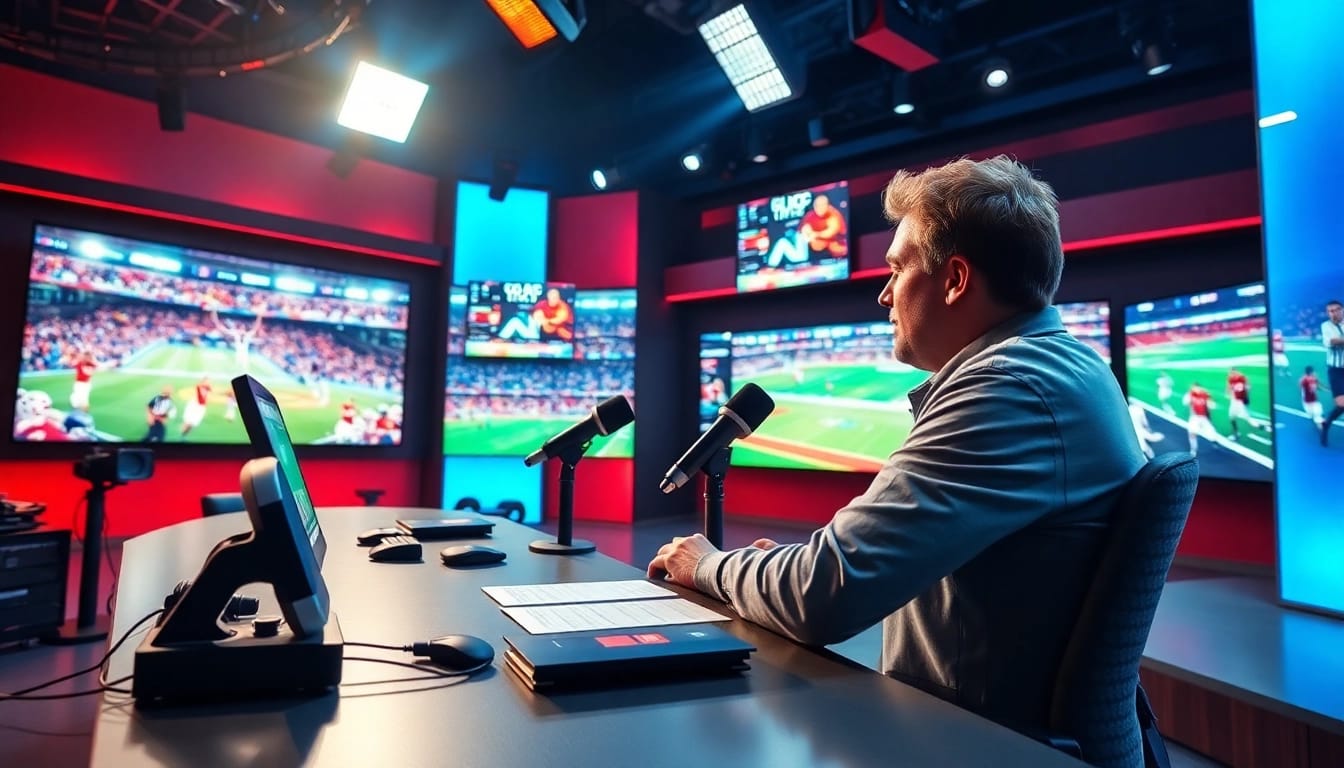 Captivating sports broadcasting scene with a lively commentator at work.