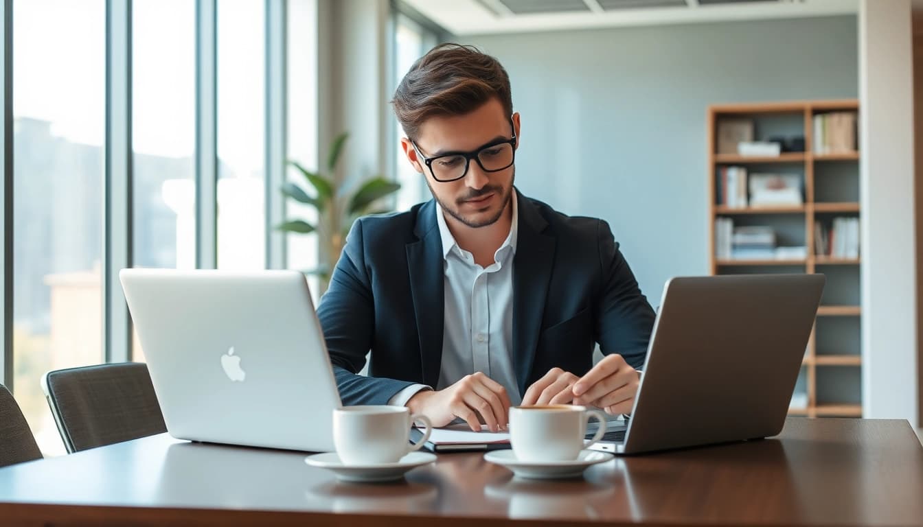 Headhunter IT bei der Arbeit in einem modernen Büro mit Laptop und Notizen.
