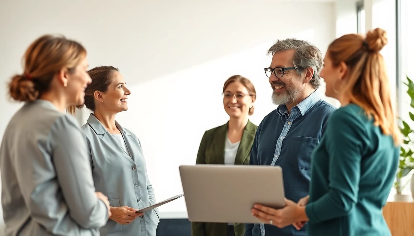 Headhunter Pflegekräfte, der mit Pflegekräften in einem modernen Büro kommuniziert.