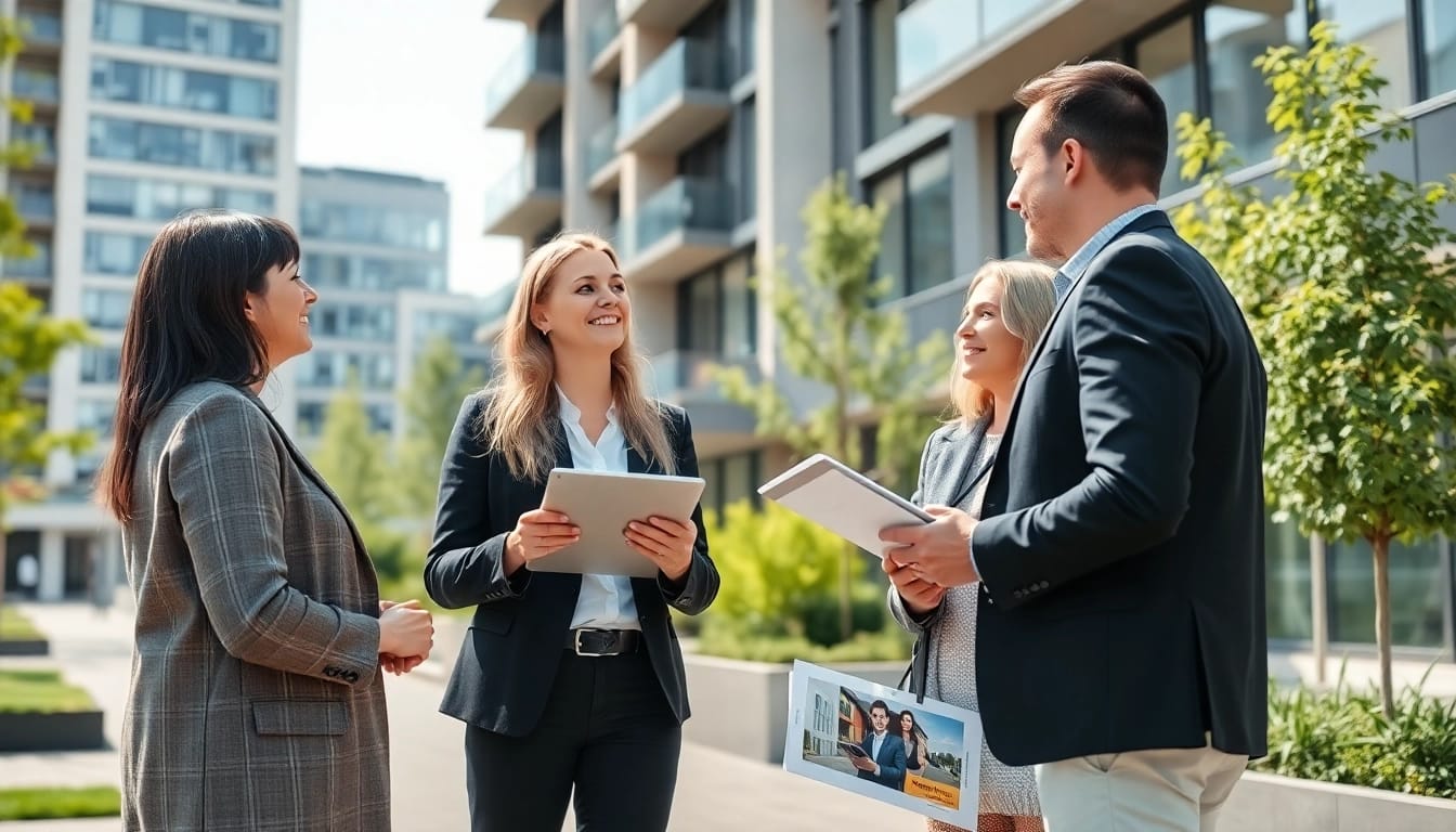 Immobilienmakler Frankfurt Riedberg berät Kunden professionell vor einem modernen Gebäude.