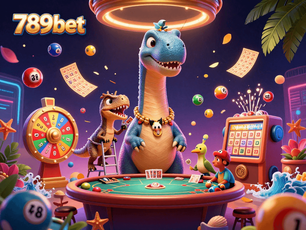 Engage in thrilling gameplay with 789bet's vibrant casino scene featuring a giant brontosaurus and raptor dealer.
