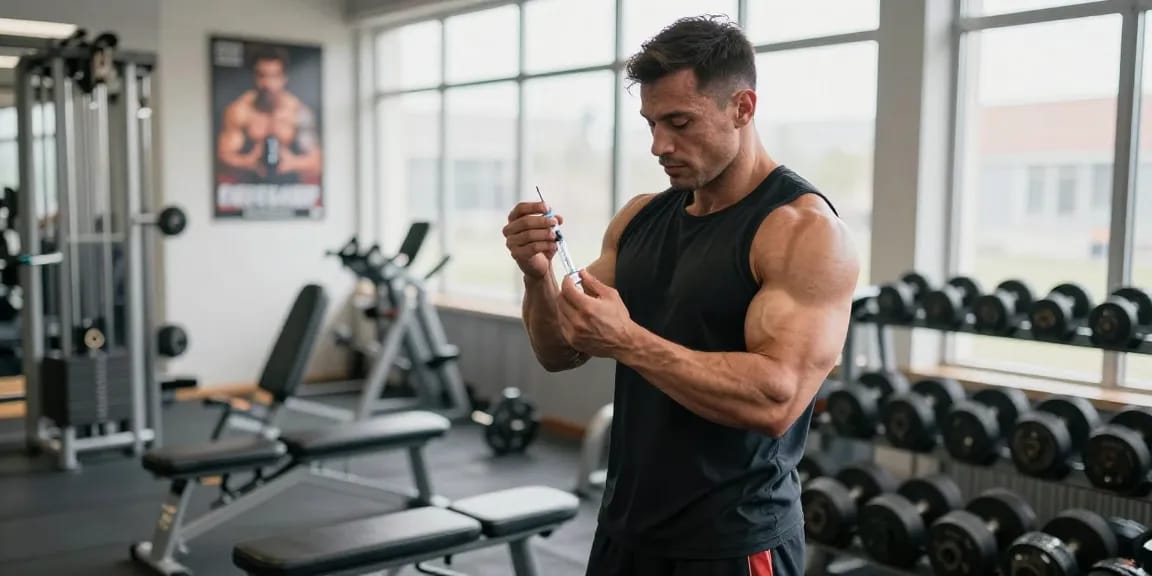 Anabolika Shop: Bodybuilder demonstriert die richtige Injektionstechnik für Steroide im Fitnessstudio.