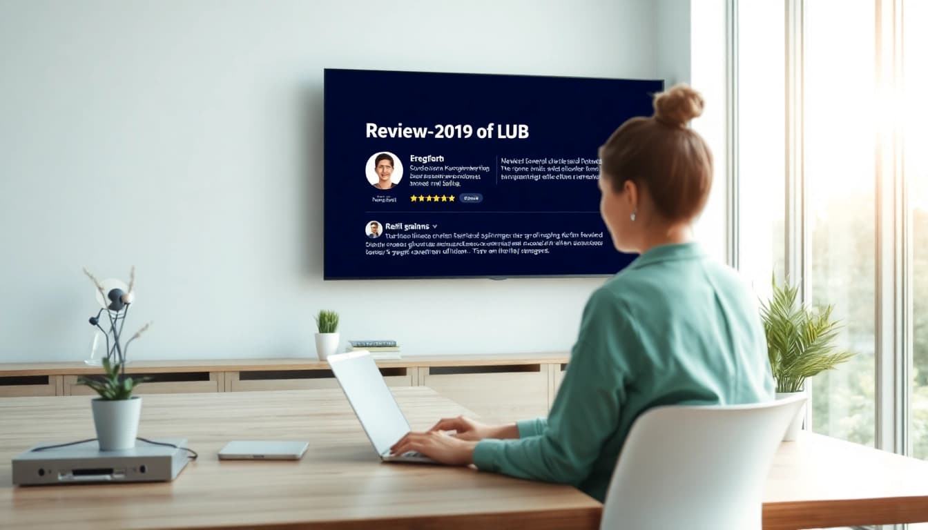 Visualisieren Sie Review Plus in einem modernen Arbeitsumfeld, wo positive Kundenbewertungen angezeigt werden.