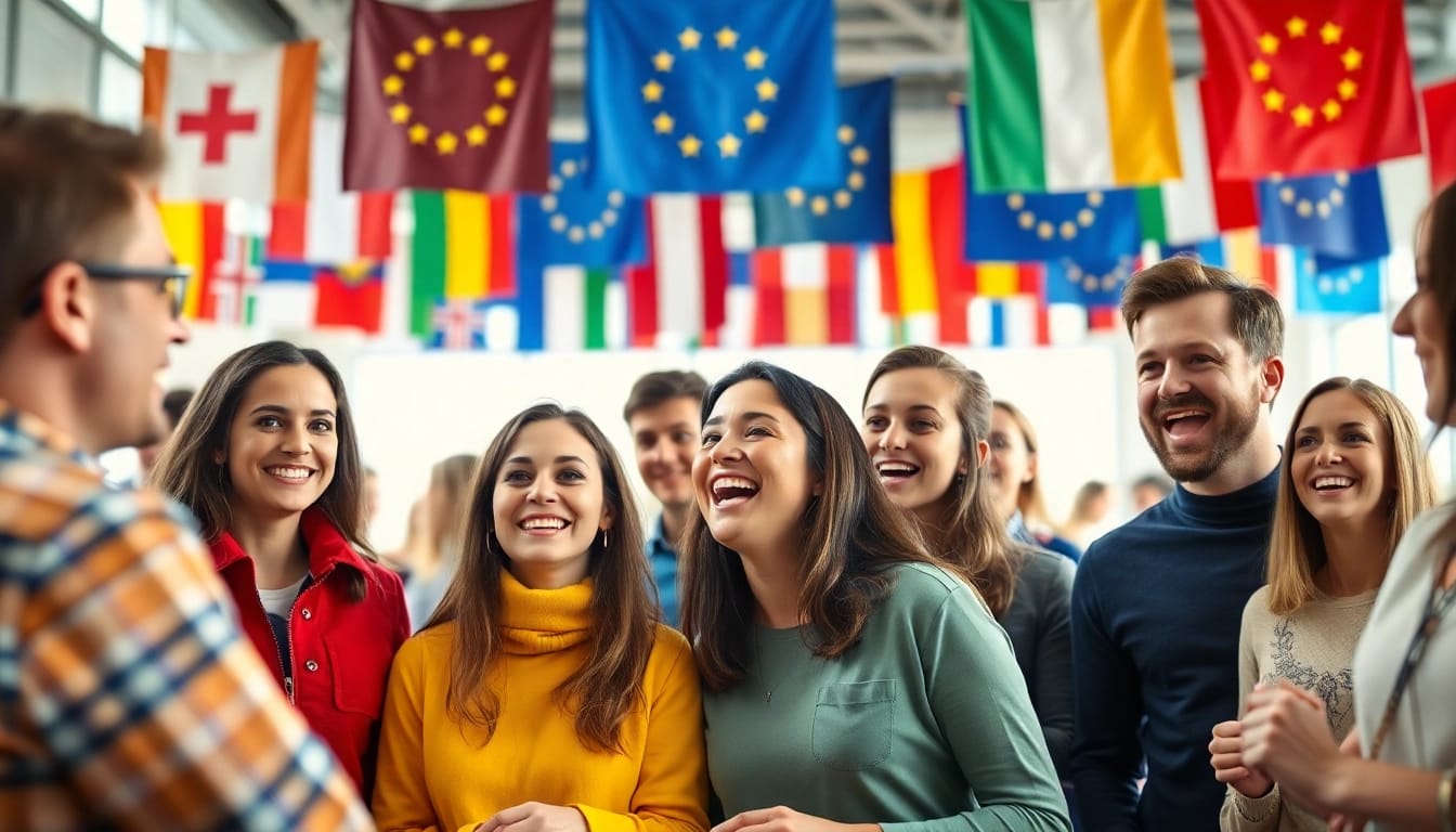 Begeisterte Teilnehmer beim Europa Quiz in einem bunten Raum, der europäische Flaggen präsentiert.