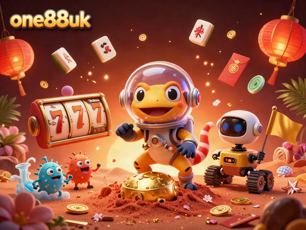 Engage with one88uk in a vibrant 3D scene filled with golden casino elements and lively characters.